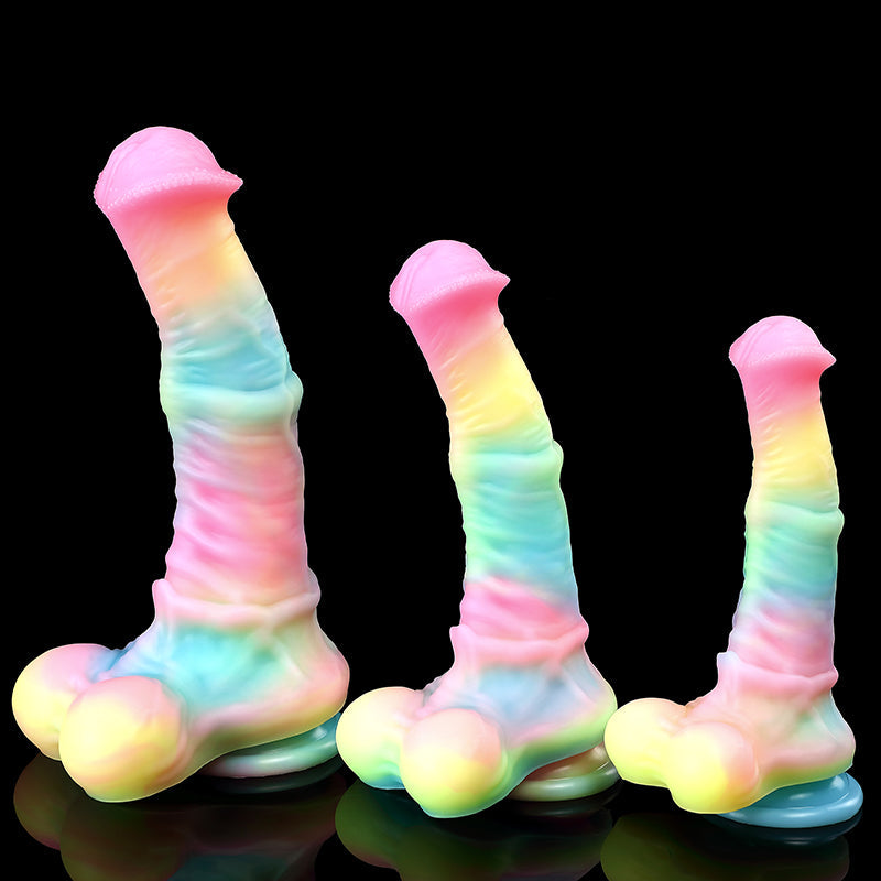 Nachtleuchtend Rainbow Gebogen Horse Dildo mit Balls