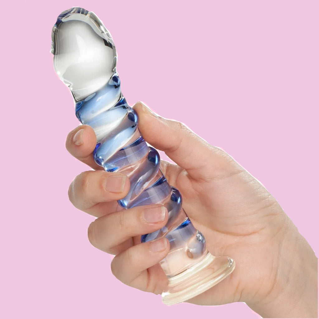 Blau Gerippt Glass Dildo Massagestab Analplug